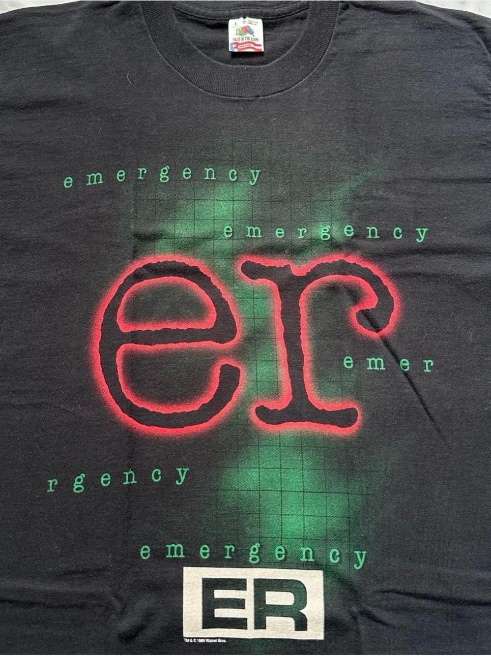 Vintage 1990s 'ER Emergency' Black TV show Graphic Tee - Red & Green Print L